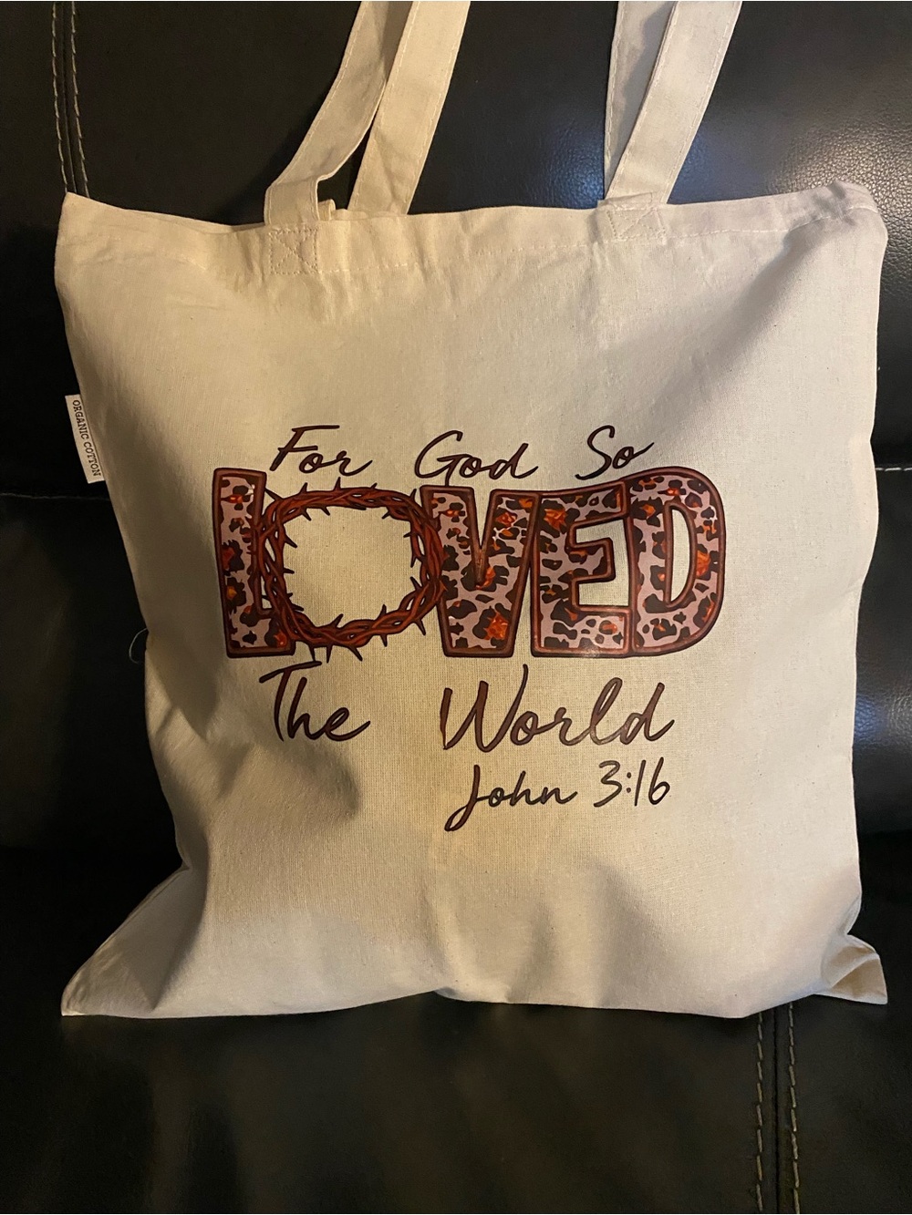 Faith Canvas Tote Bag - 'For God So Loved the World' - Cream/Brown